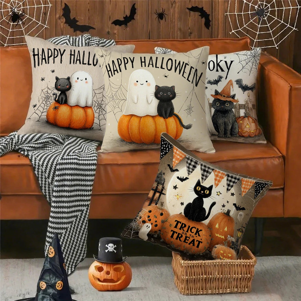 Cute Ghost & Black Cat Pillow Covers | "Happy Halloween" Cushion Case (Case Only)