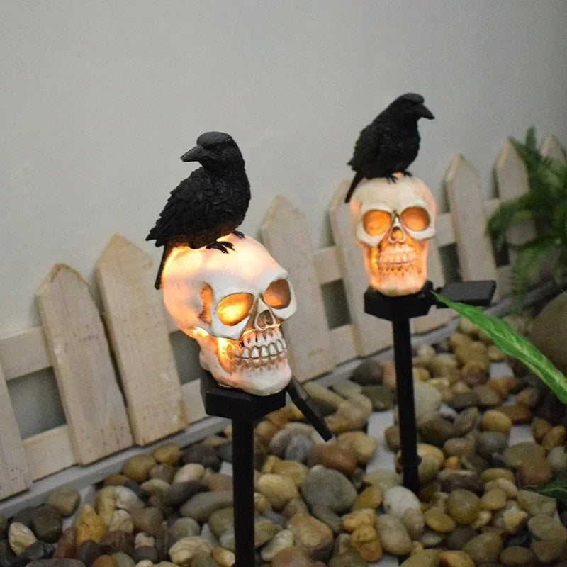 Solar-Powered Skull & Raven Garden Stake | Glowing LED Outdoor Halloween Decor