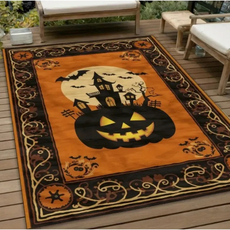 Spooky Haunted House & Pumpkin Area Rug | Non-Slip Halloween Decor for Living Room & Outdoor Use