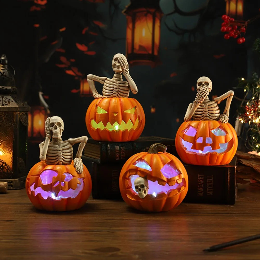 Light-Up Skeleton Pumpkin Figurine | Cute Resin Halloween Tabletop Decor