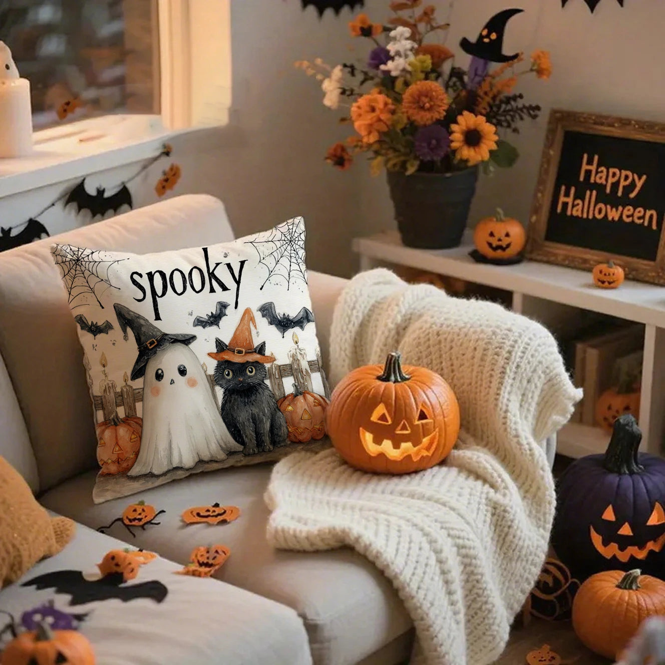 Cute Ghost & Black Cat Pillow Covers | "Happy Halloween" Cushion Case (Case Only)