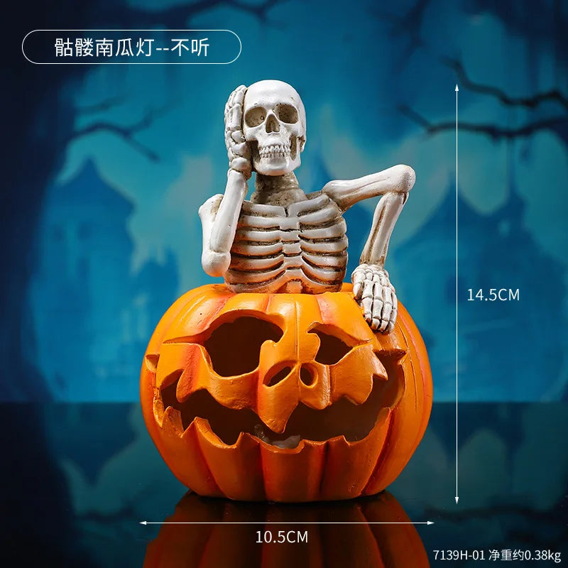 Light-Up Skeleton Pumpkin Figurine | Cute Resin Halloween Tabletop Decor