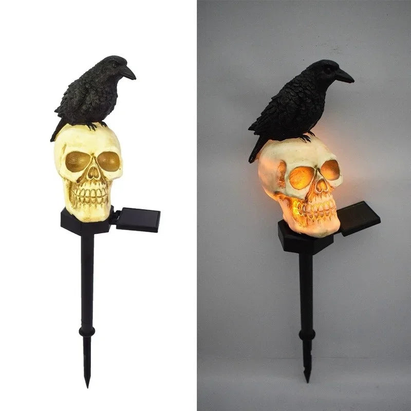 Solar-Powered Skull & Raven Garden Stake | Glowing LED Outdoor Halloween Decor
