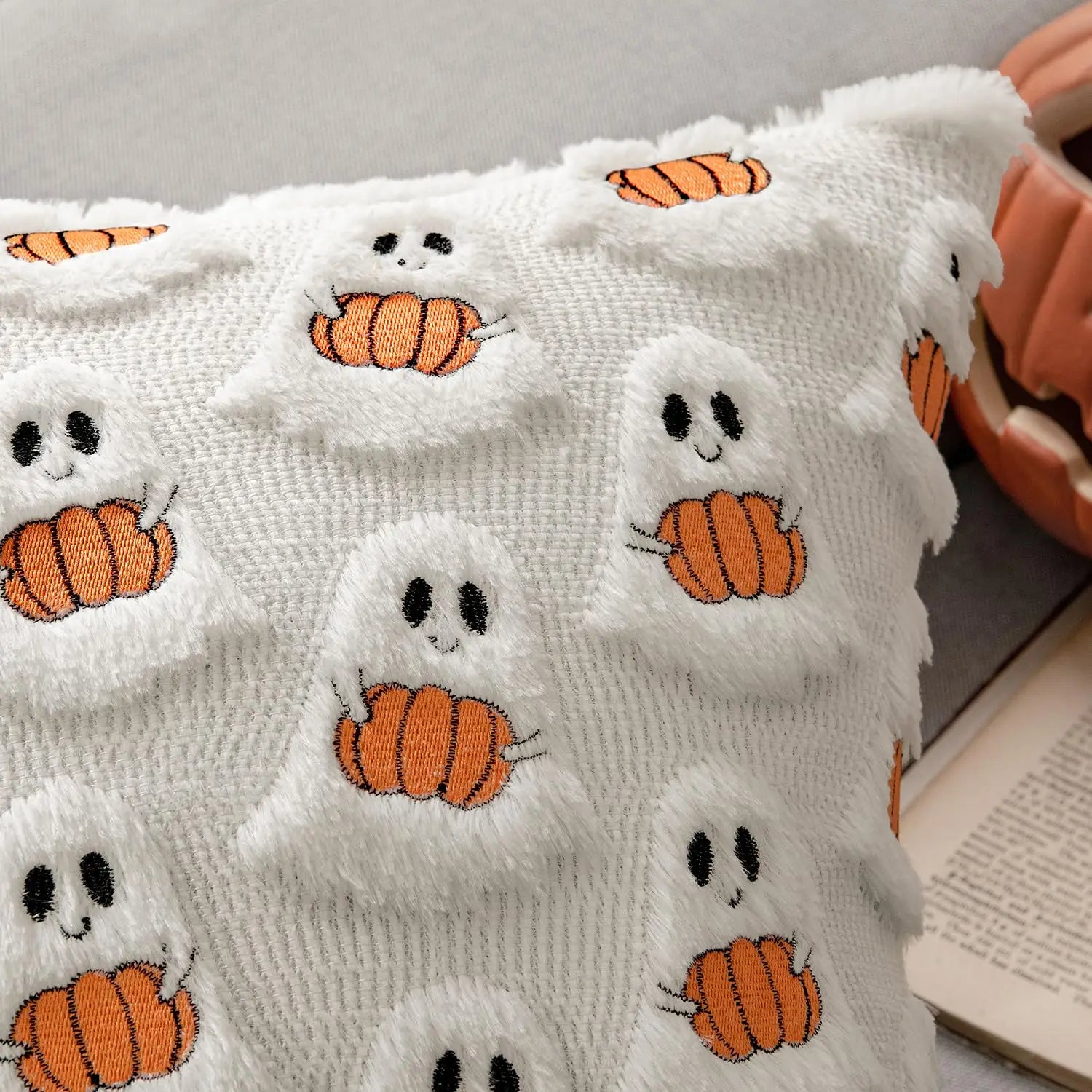 Tufted Ghost & Pumpkin Pillow Cover | Cozy Faux Fur Cute Halloween Decor (Case Only)