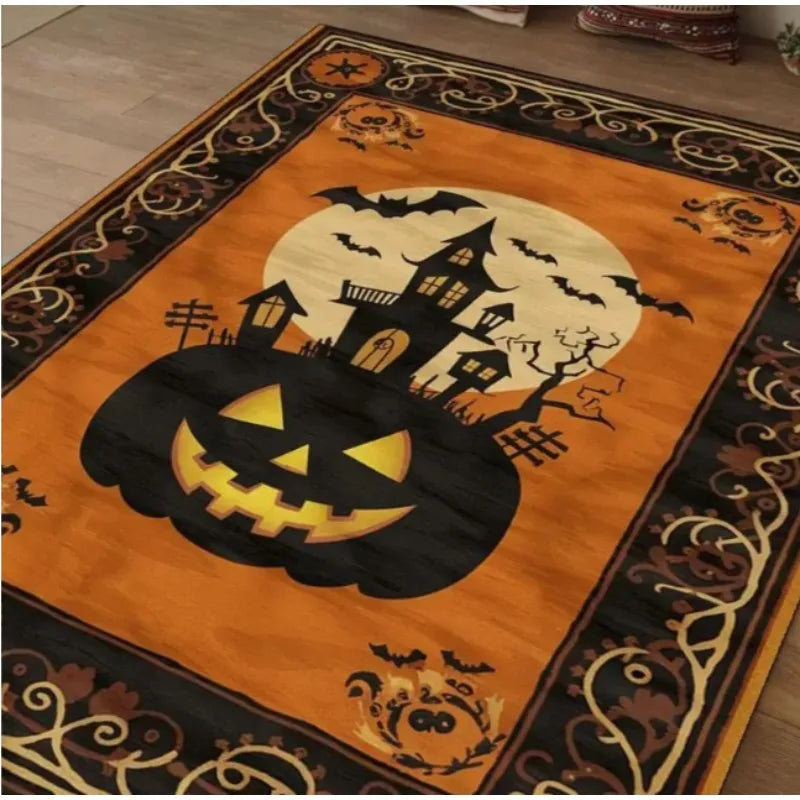 Spooky Haunted House & Pumpkin Area Rug | Non-Slip Halloween Decor for Living Room & Outdoor Use