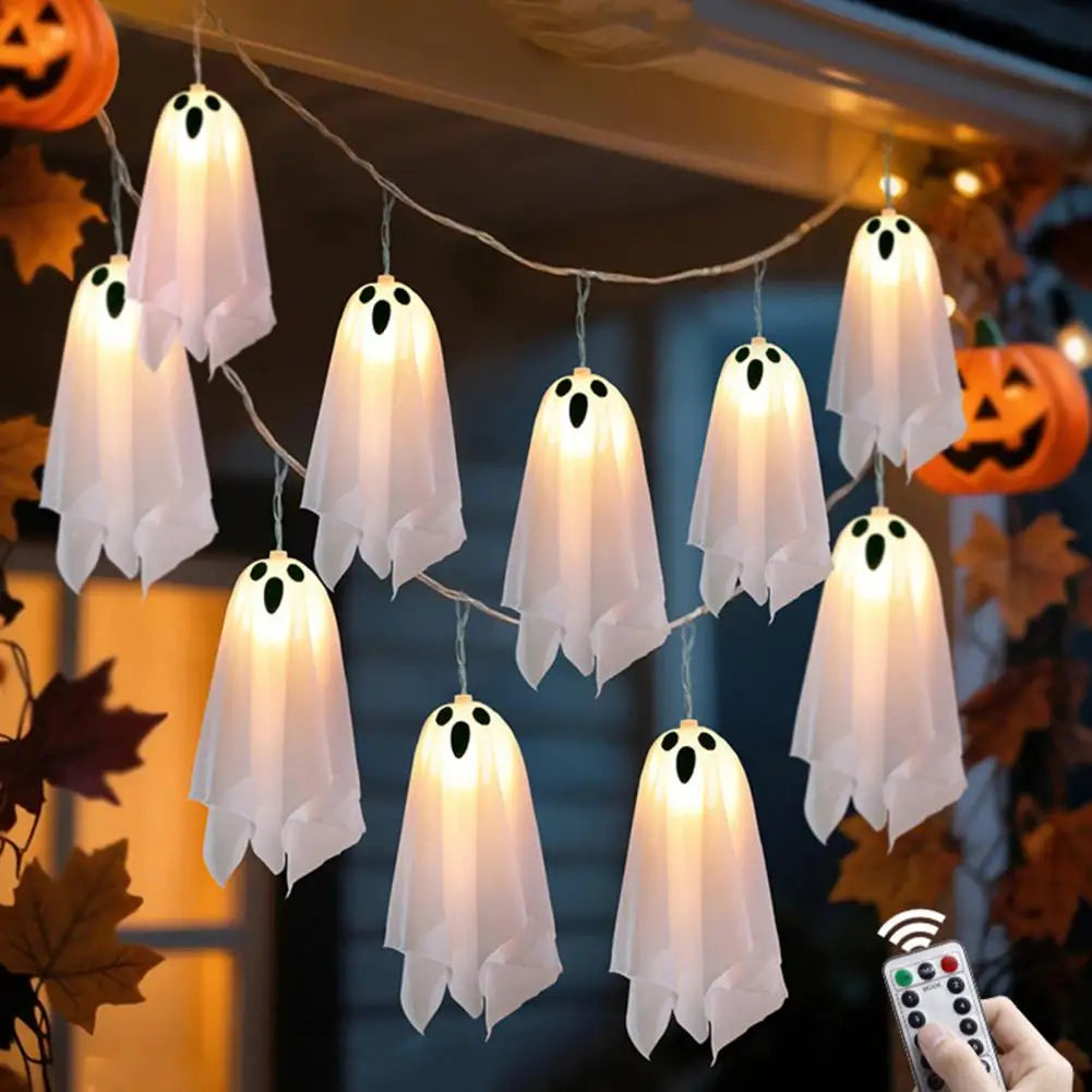 Cute Ghost String Lights (10-Pcs) | 8-Mode Light-Up Hanging Ghost Decor by Halloween Ready