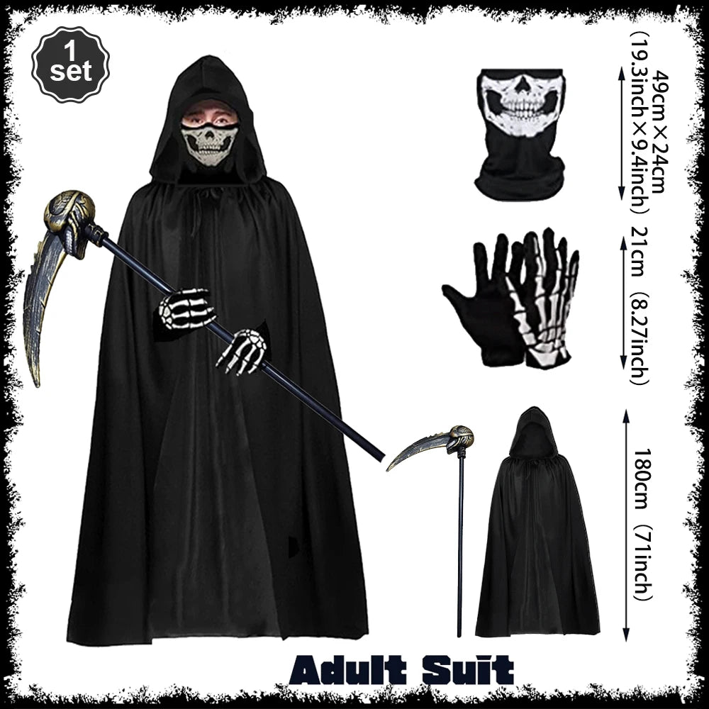 Complete Grim Reaper Costume Set | Includes Robe, Mask, Scythe &amp; GLOW-IN-THE-DARK Gloves (Adult & Kids Sizes)