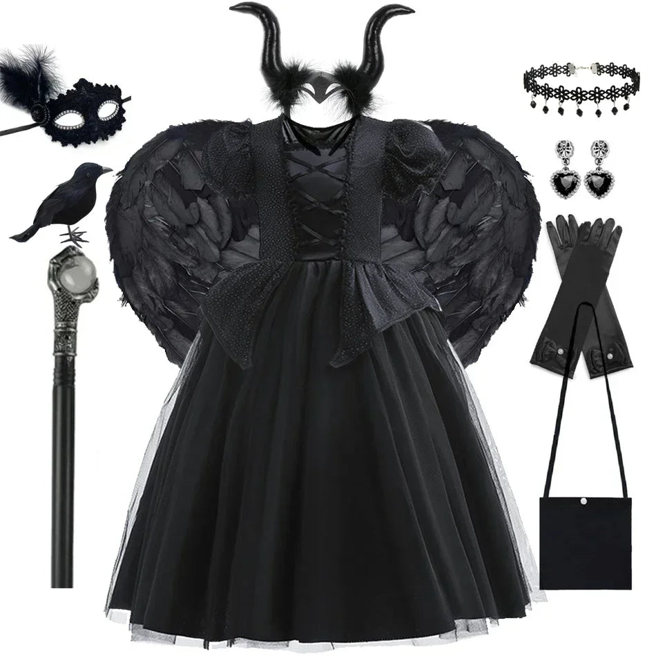 Maleficent Costume for Girls Halloween Witch Cosplay Black Witch