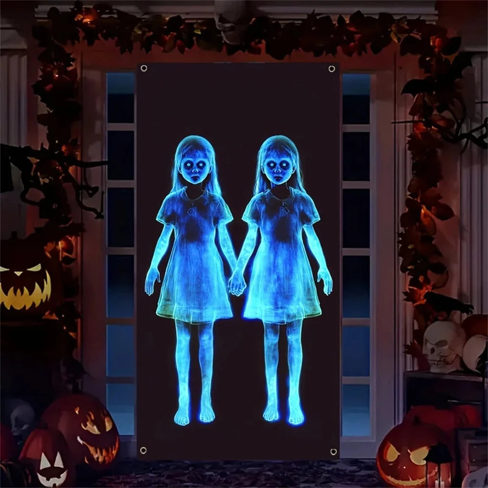 Creepy Ghost Twins Horror Banner | Scary Halloween Party Backdrop