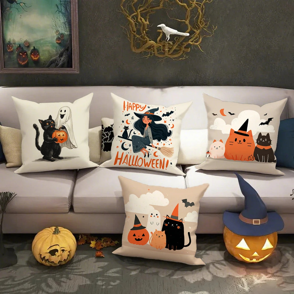Cute Halloween Pillow Covers | Witch, Black Cat & Ghost Throw Cushion Cases (Case Only)