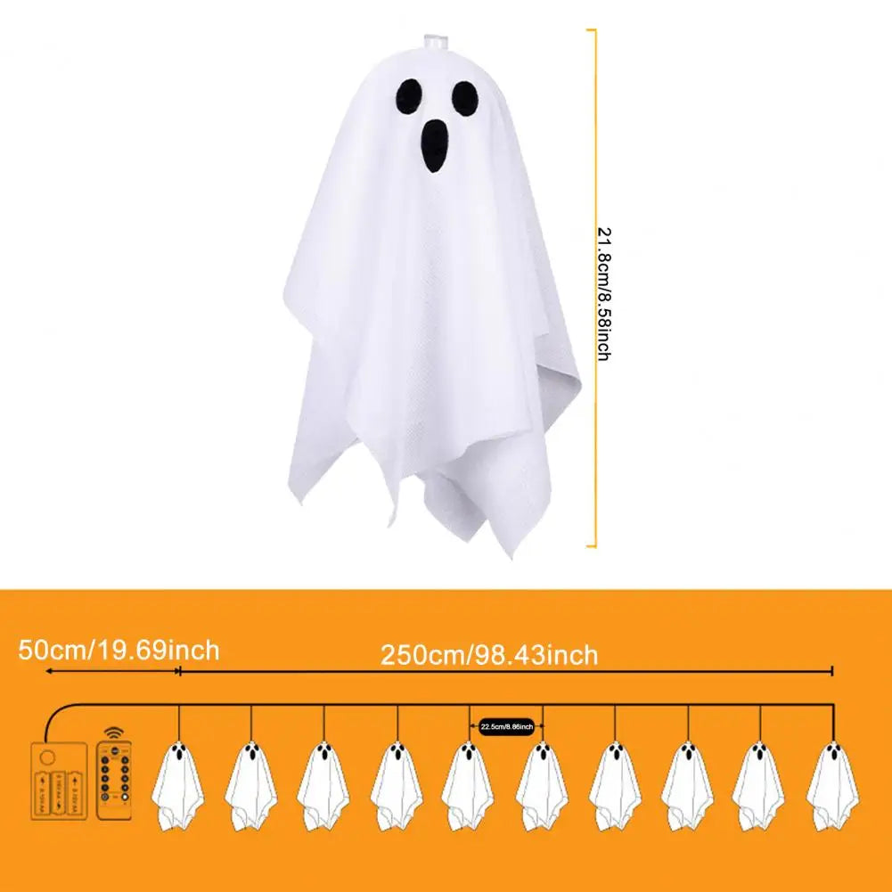 Cute Ghost String Lights (10-Pcs) | 8-Mode Light-Up Hanging Ghost Decor by Halloween Ready