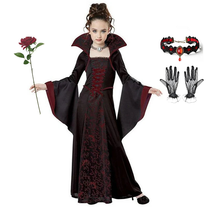 Gothic Vampire Queen Costume for Girls | Elegant Witch Dress Set with Hat & Rose
