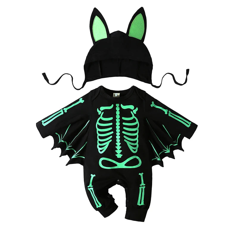 Glow-in-the-Dark Skeleton Bat Romper & Hat Set - Infant Halloween Costume