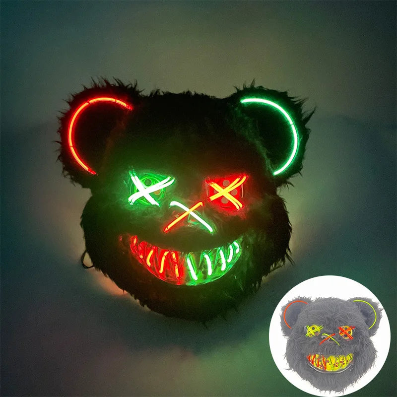 Scary LED Light-Up Halloween Mask | Creepy Rabbit &amp; Bloody Bear Styles | 3-Mode EL Wire Purge Mask