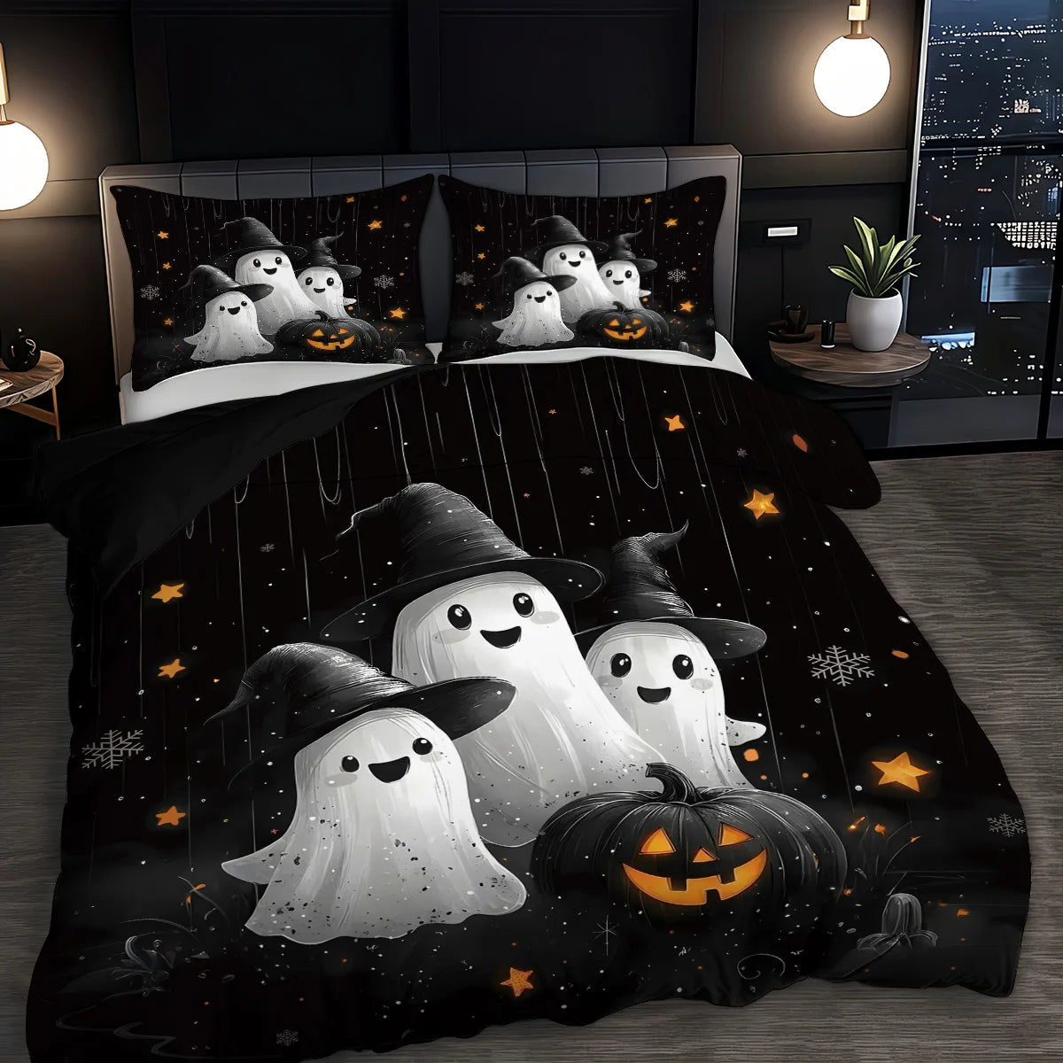 Cute Ghost & Witch Hat 3-Piece Bedding Set | Halloween Duvet Cover with 2 Pillowcases