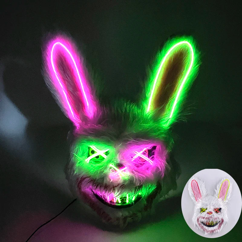 Scary LED Light-Up Halloween Mask | Creepy Rabbit &amp; Bloody Bear Styles | 3-Mode EL Wire Purge Mask