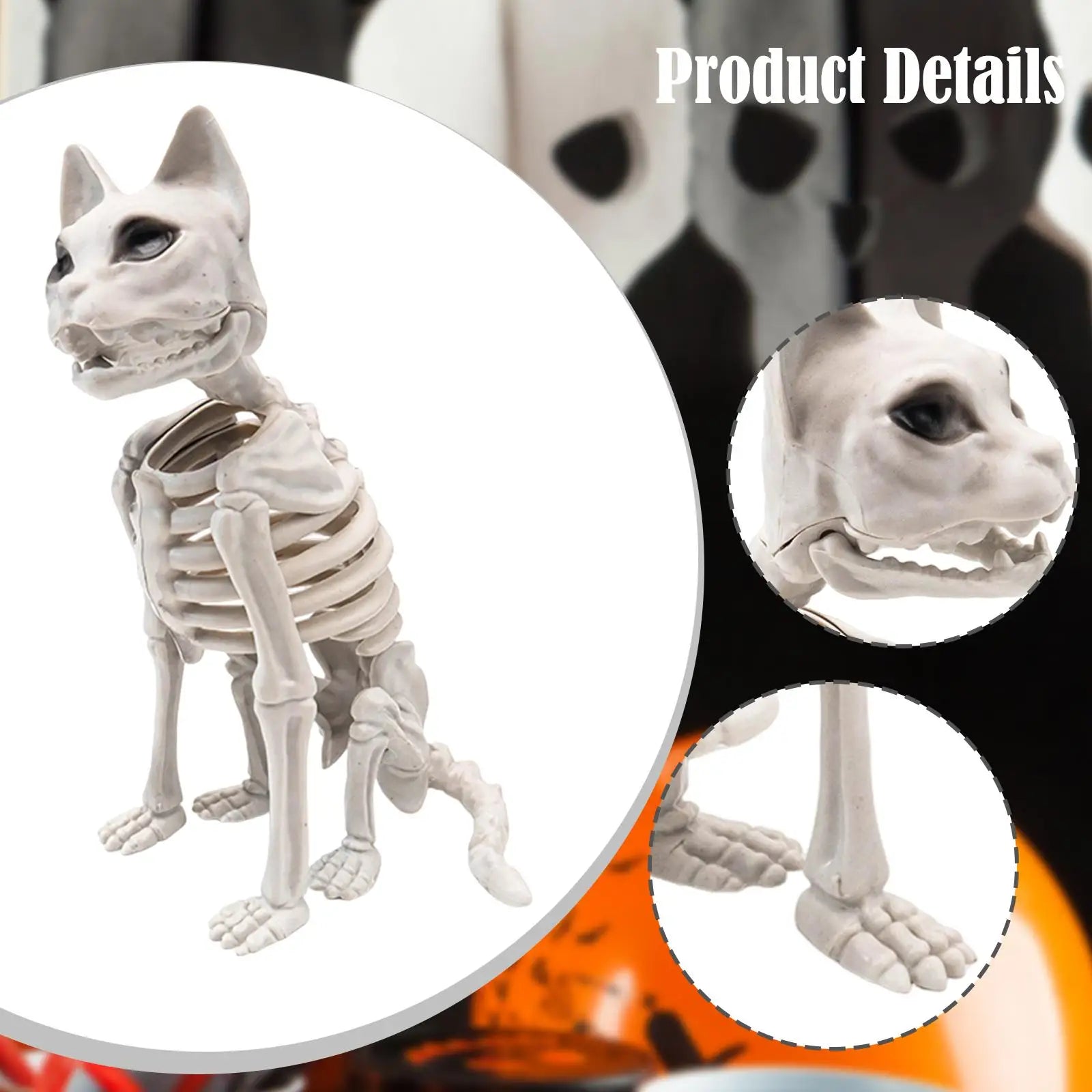 Halloween Cat Skeleton Statue | 13.4" Spooky Plastic Animal Bones Prop