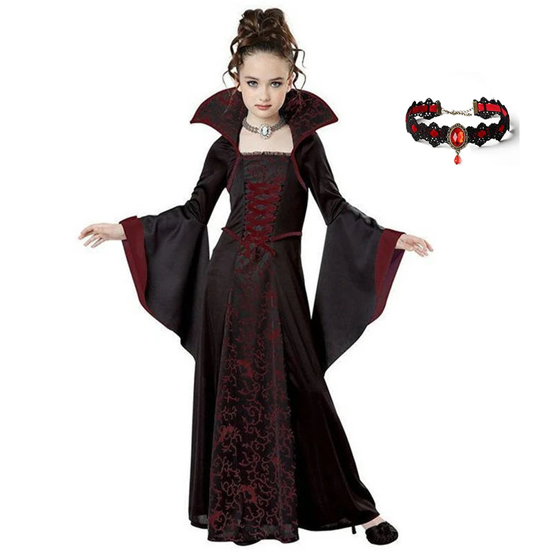 Gothic Vampire Queen Costume for Girls | Elegant Witch Dress Set with Hat & Rose