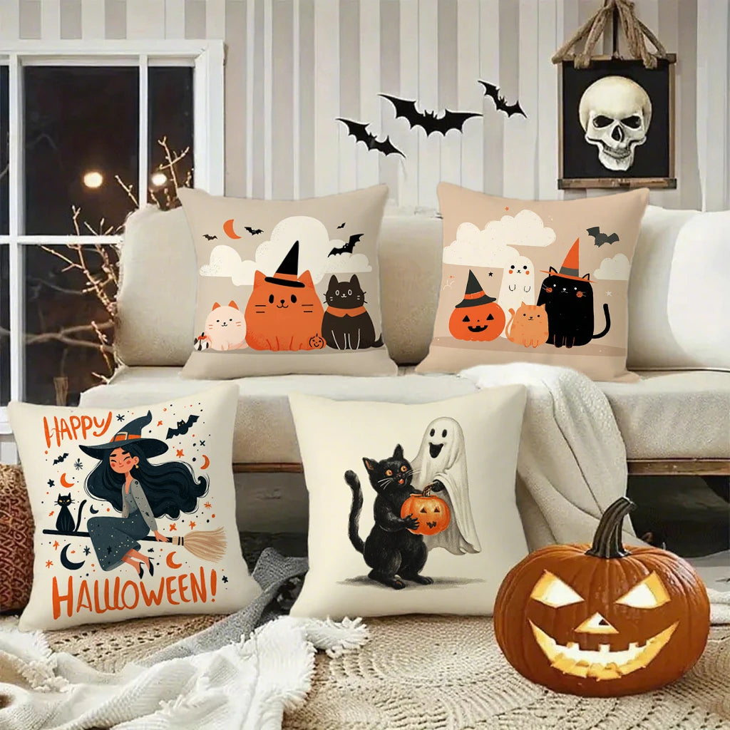 Cute Halloween Pillow Covers | Witch, Black Cat & Ghost Throw Cushion Cases (Case Only)