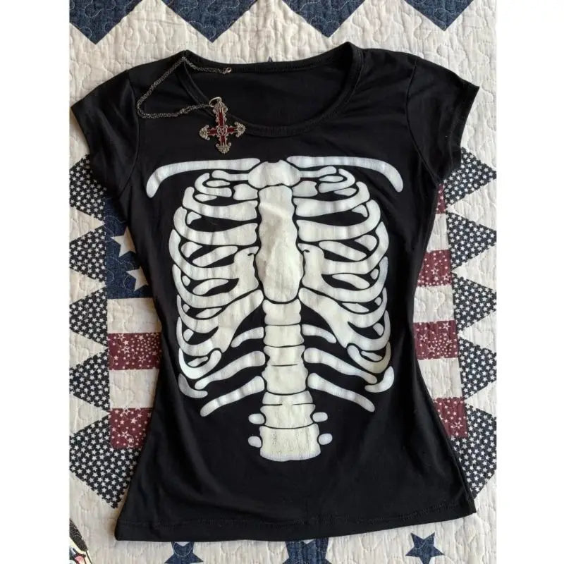 Y2k Goth Skeleton T-Shirt | Slim Fit Rib Cage Print Crop Top | Grunge Aesthetic Tee