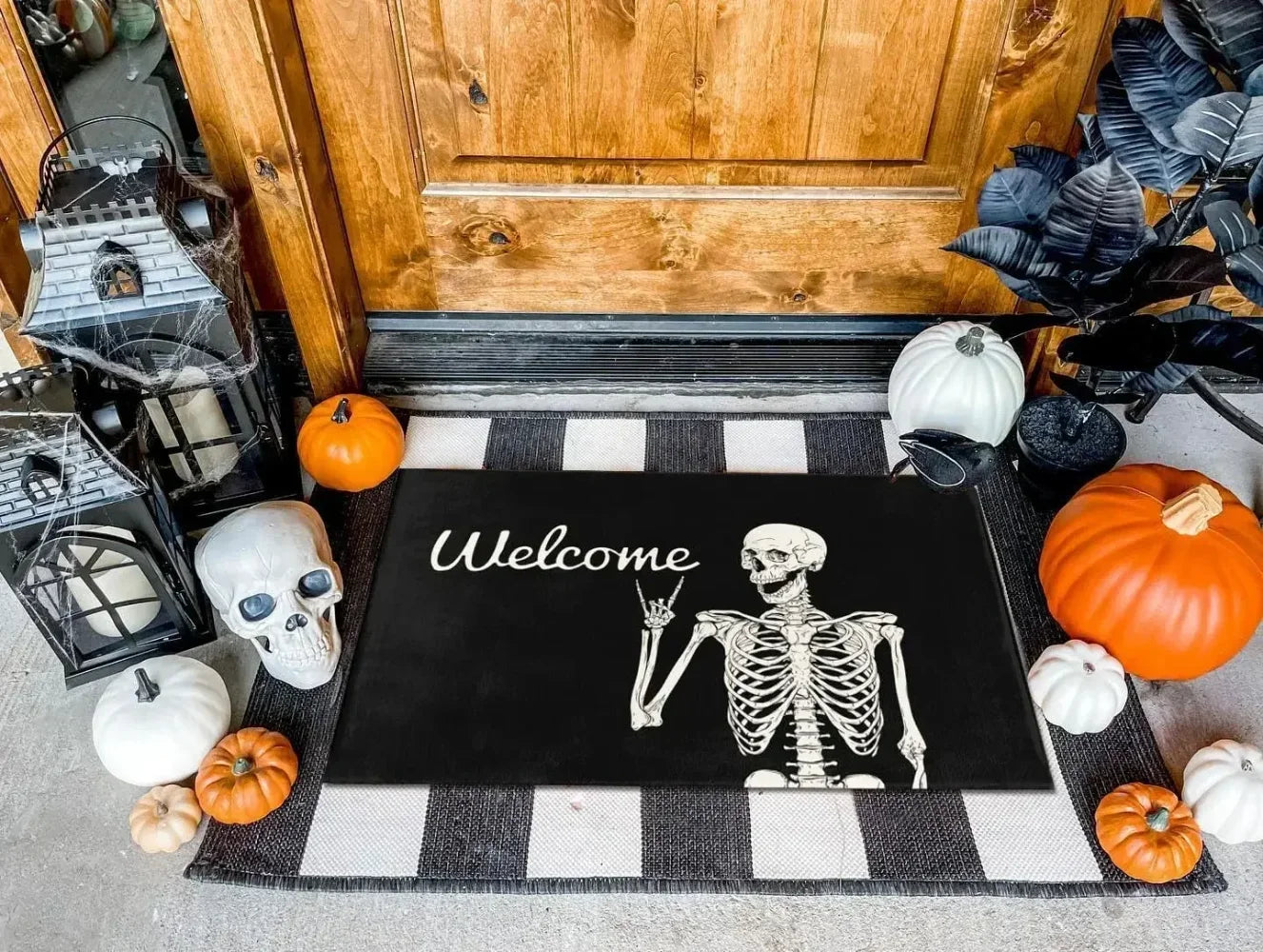 "Rock On" Skeleton Welcome Mat | Funny Halloween Floor Mat | Soft Flannel with Non-Slip Backing