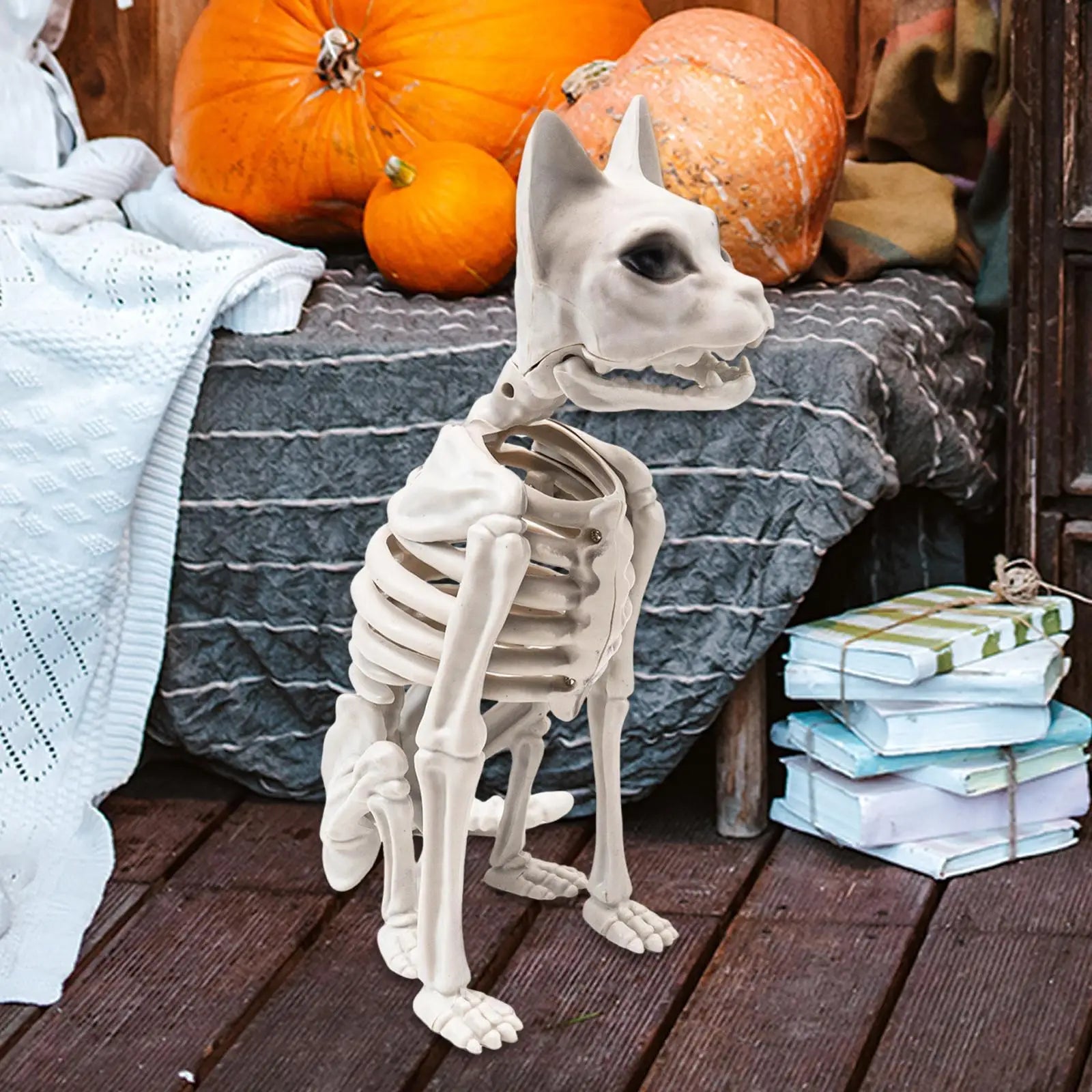Halloween Cat Skeleton Statue | 13.4" Spooky Plastic Animal Bones Prop