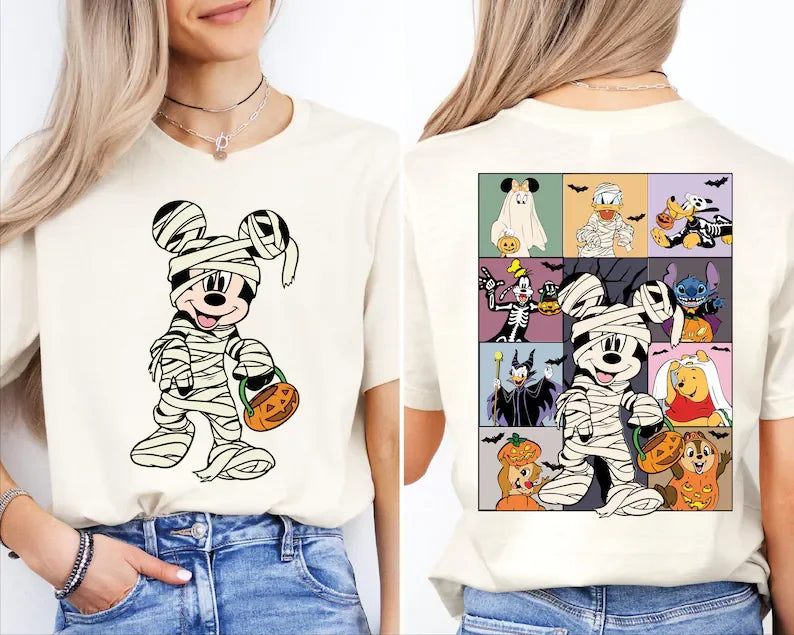 Disney Halloween Costume Tee | 2-Sided Print | Mummy Minnie (Front) & Mickey Character Grid (Back)