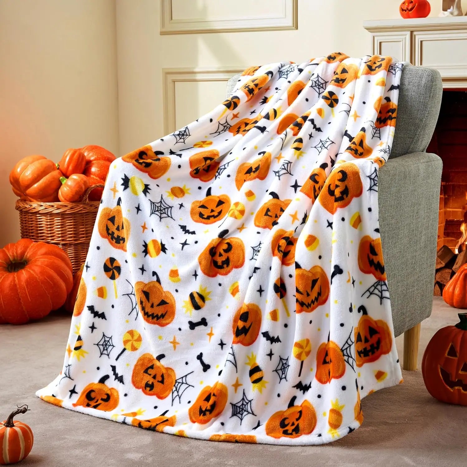 Cute Pumpkin &amp; Candy Plush Throw | Ultra-Soft Coral Fleece Halloween Blanket