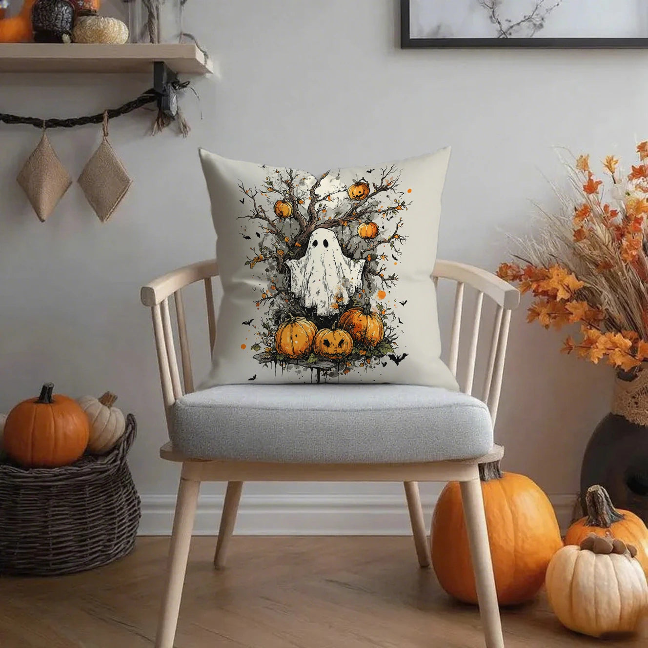 Farmhouse Halloween Pillow Covers | Artistic Ghost, Black Cat & Spooky Tree Cushion Cases