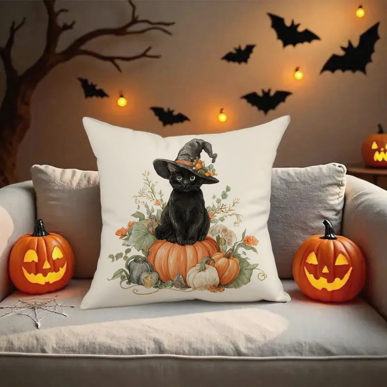Farmhouse Halloween Pillow Covers | Artistic Ghost, Black Cat & Spooky Tree Cushion Cases