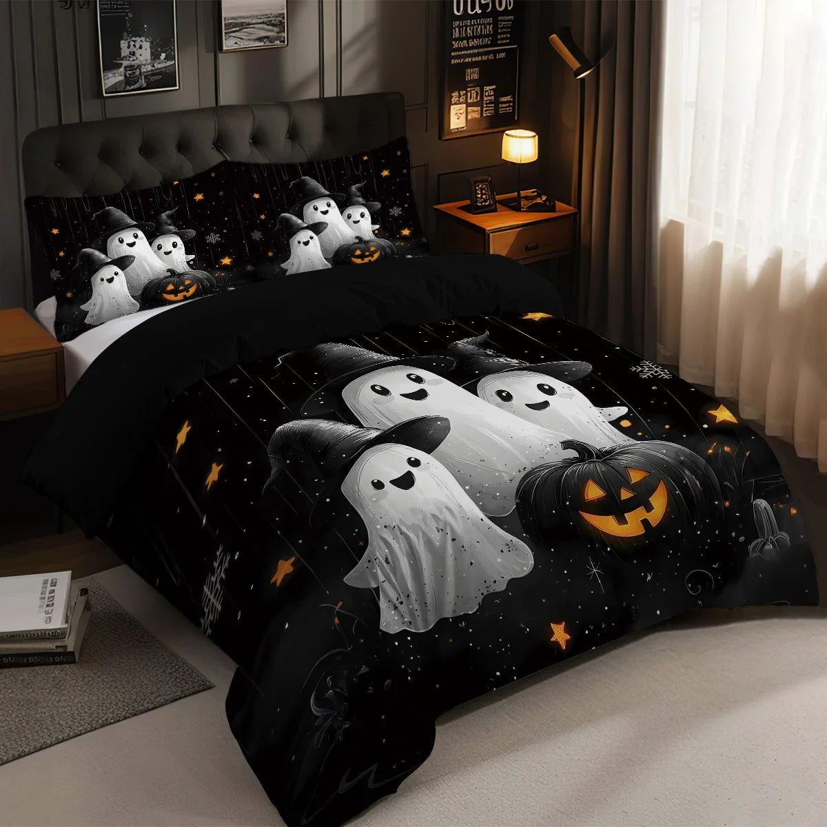 Cute Ghost & Witch Hat 3-Piece Bedding Set | Halloween Duvet Cover with 2 Pillowcases