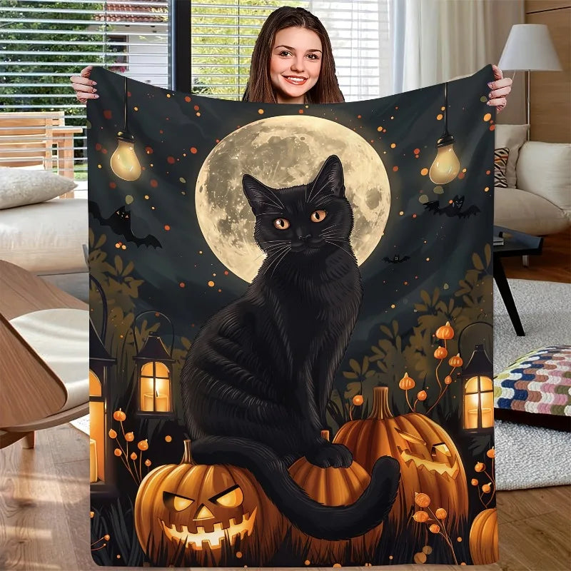 Black Cat & Full Moon Plush Throw | Cozy Coral Fleece Halloween Blanket