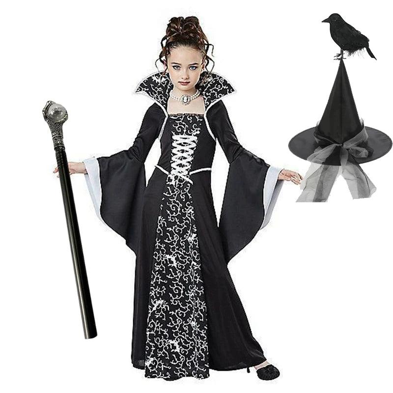 Gothic Vampire Queen Costume for Girls | Elegant Witch Dress Set with Hat & Rose