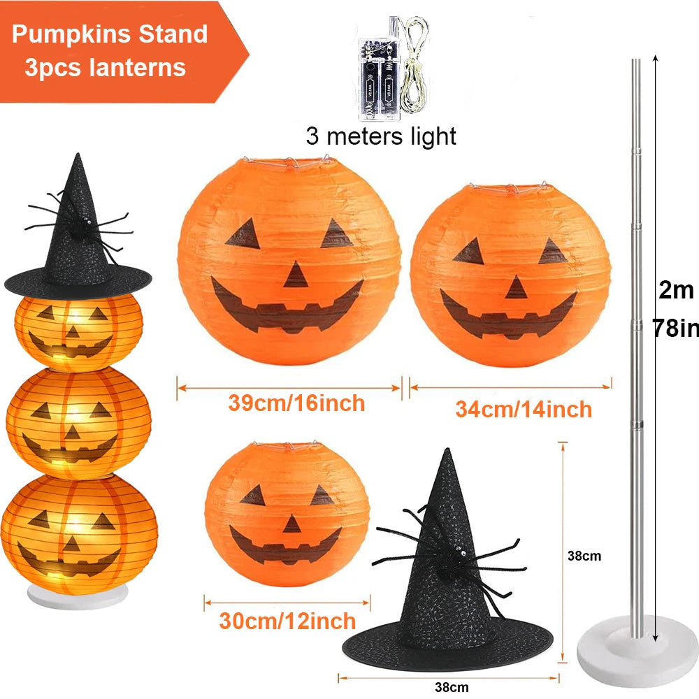Light-Up Stacked Pumpkin Lantern Tower (with Witch Hat)