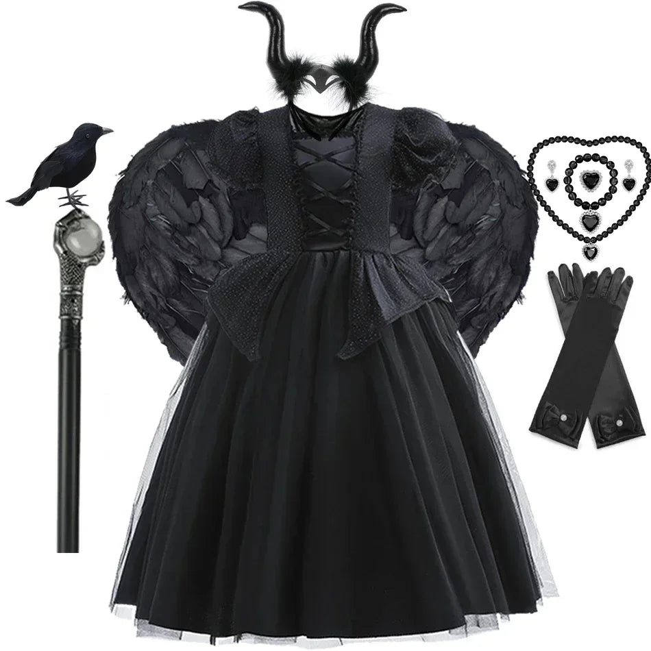 Maleficent Costume for Girls Halloween Witch Cosplay Black Witch