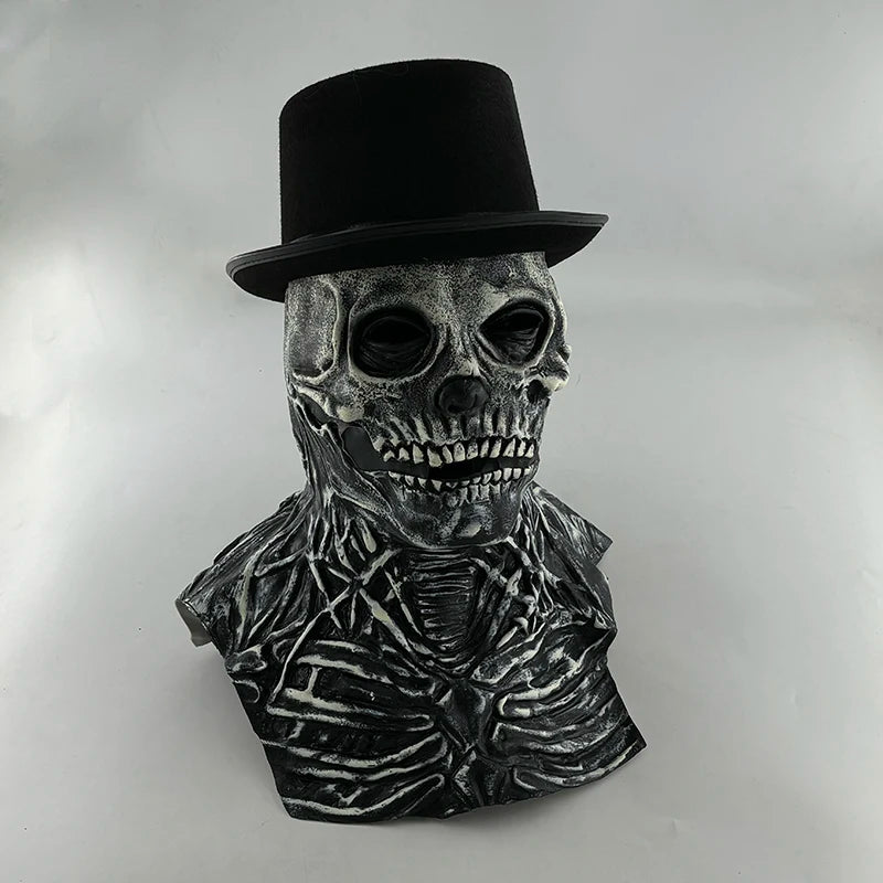 Scary Skeleton Gentleman Mask | Full Head & Chest Latex Horror Mask with Top Hat