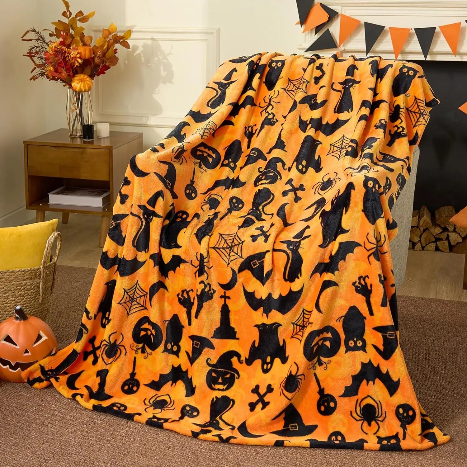 Cute Pumpkin &amp; Candy Plush Throw | Ultra-Soft Coral Fleece Halloween Blanket