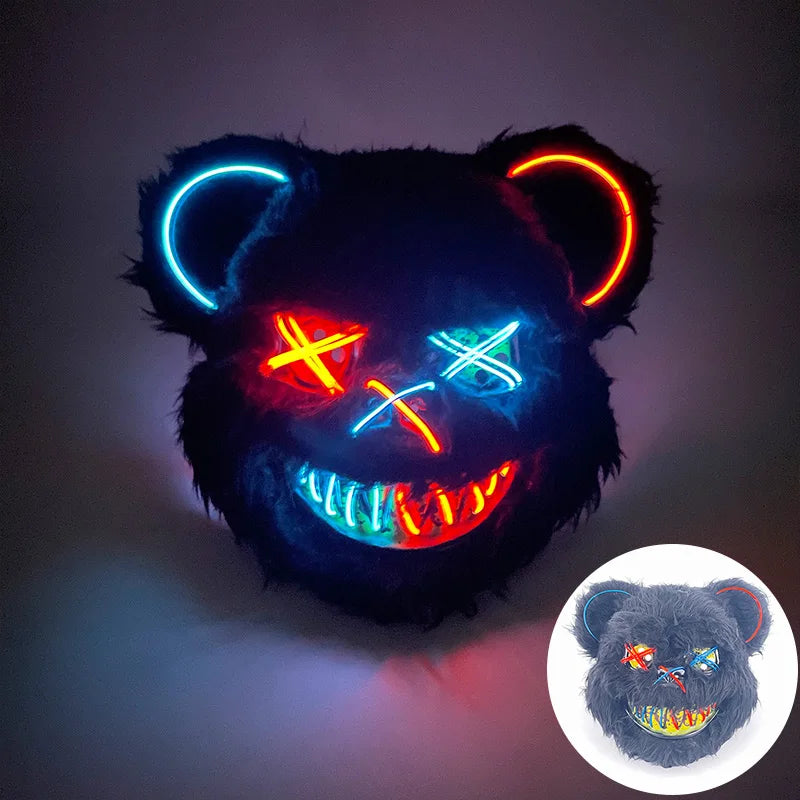 Scary LED Light-Up Halloween Mask | Creepy Rabbit &amp; Bloody Bear Styles | 3-Mode EL Wire Purge Mask