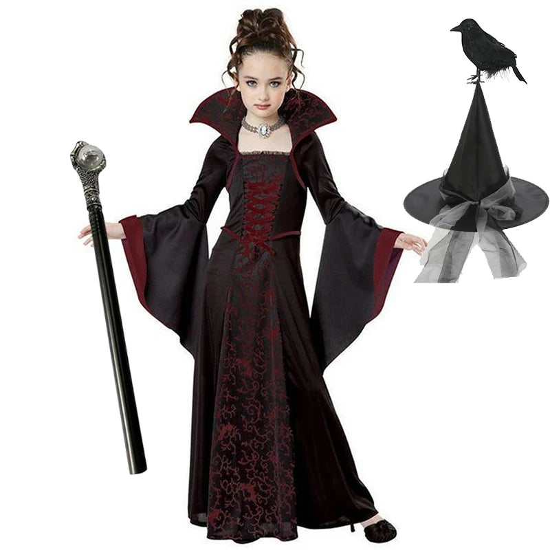 Gothic Vampire Queen Costume for Girls | Elegant Witch Dress Set with Hat & Rose