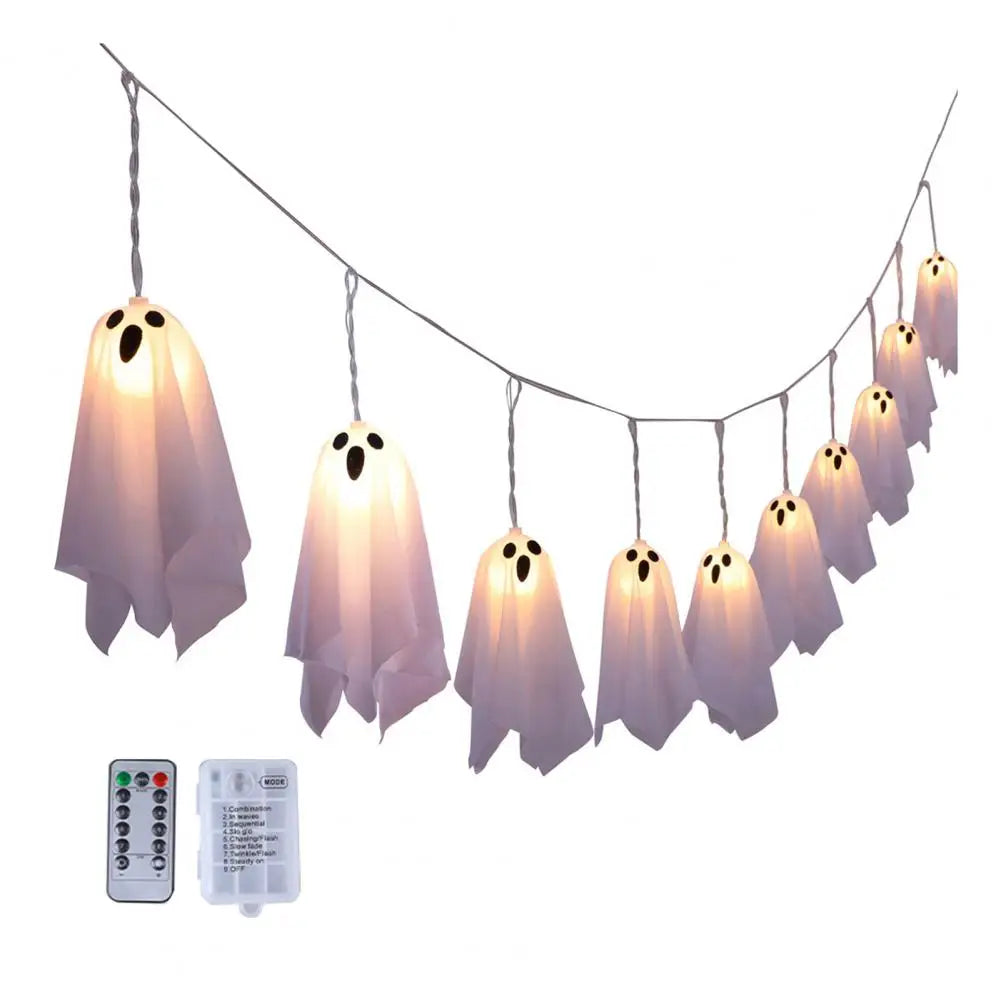 Cute Ghost String Lights (10-Pcs) | 8-Mode Light-Up Hanging Ghost Decor by Halloween Ready