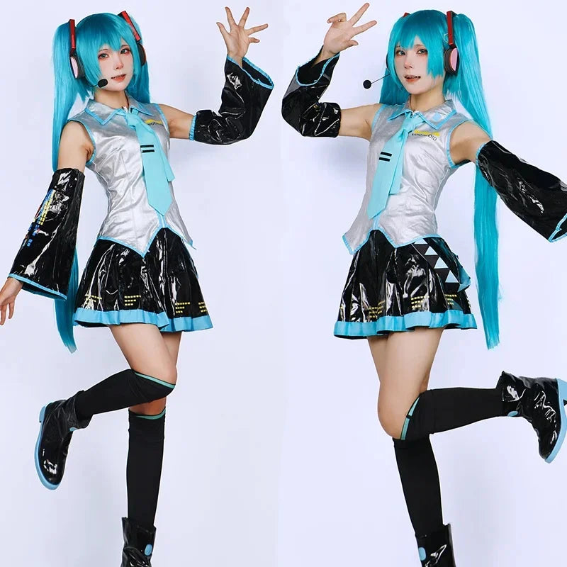 Miku Cosplay Full Set Silver Leather Fabric Suit | JK Sailor Dress High School Uniform Halloween