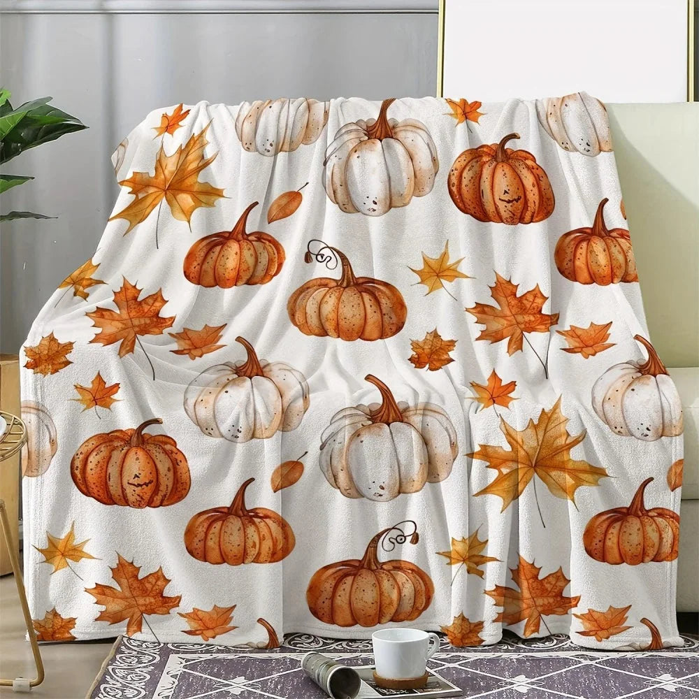 Soft and Plush Fall Blanket with Pumpkin and Maple Leaf Design, Warm and Cozy All Season Blanket