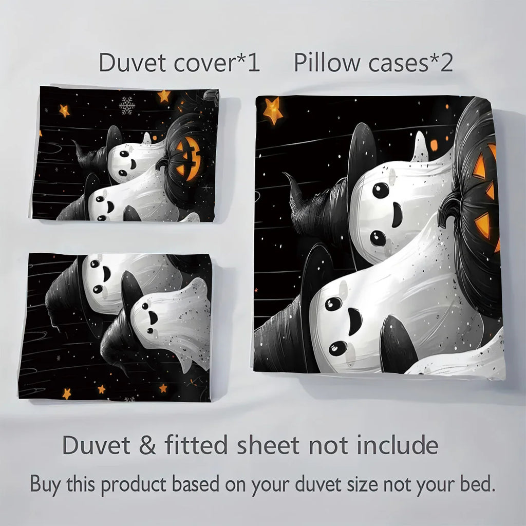 Cute Ghost & Witch Hat 3-Piece Bedding Set | Halloween Duvet Cover with 2 Pillowcases