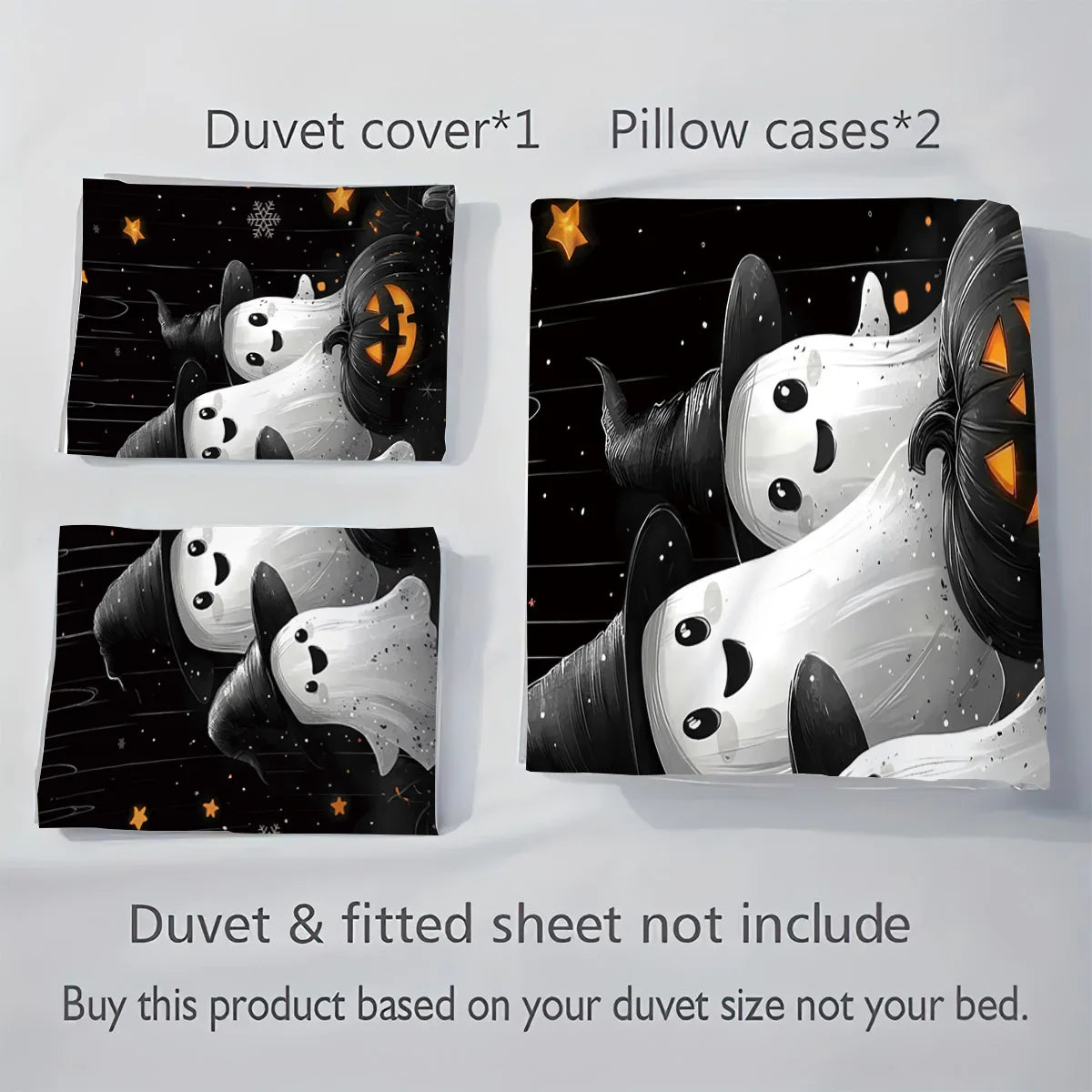 Cute Ghost & Witch Hat 3-Piece Bedding Set | Halloween Duvet Cover with 2 Pillowcases