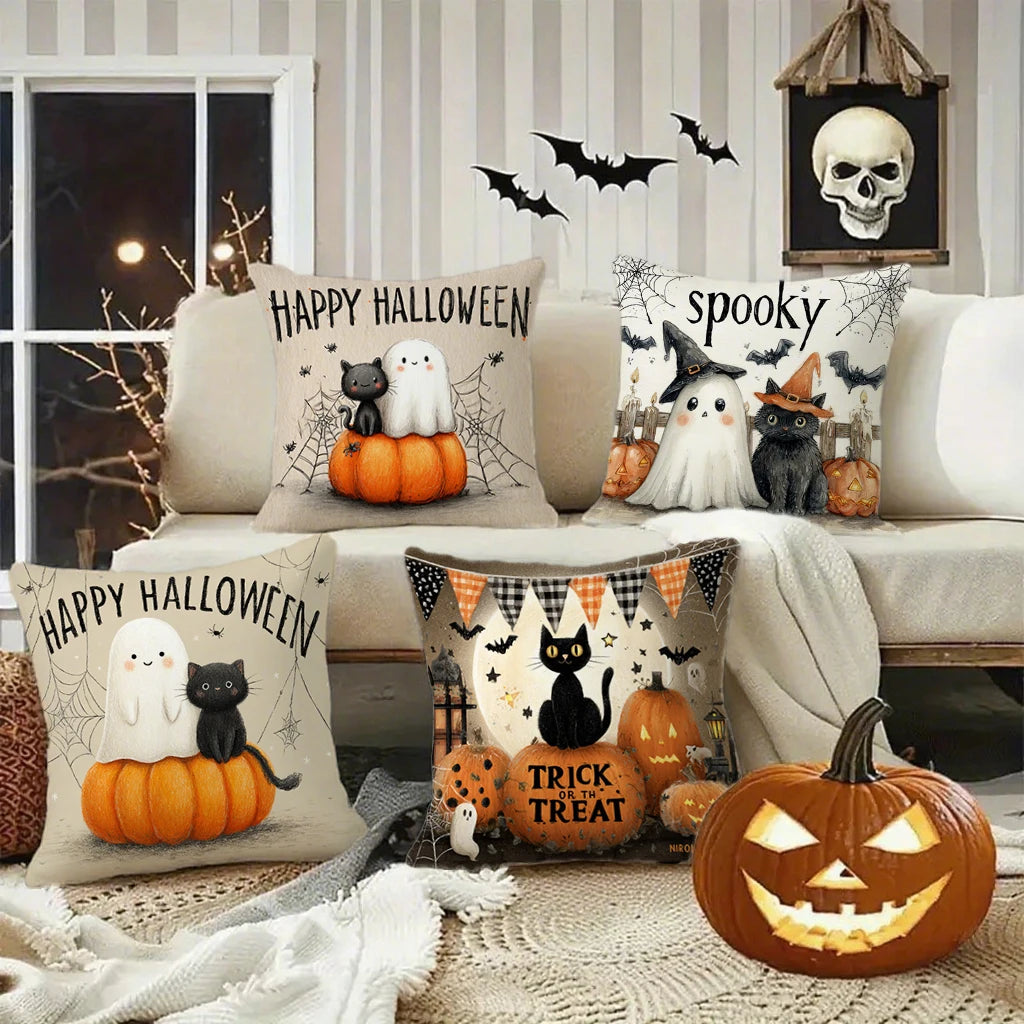 Cute Ghost & Black Cat Pillow Covers | "Happy Halloween" Cushion Case (Case Only)