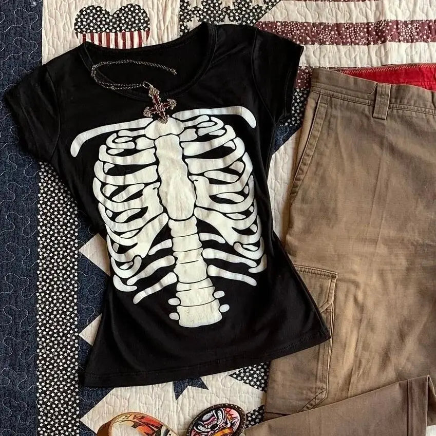 Y2k Goth Skeleton T-Shirt | Slim Fit Rib Cage Print Crop Top | Grunge Aesthetic Tee