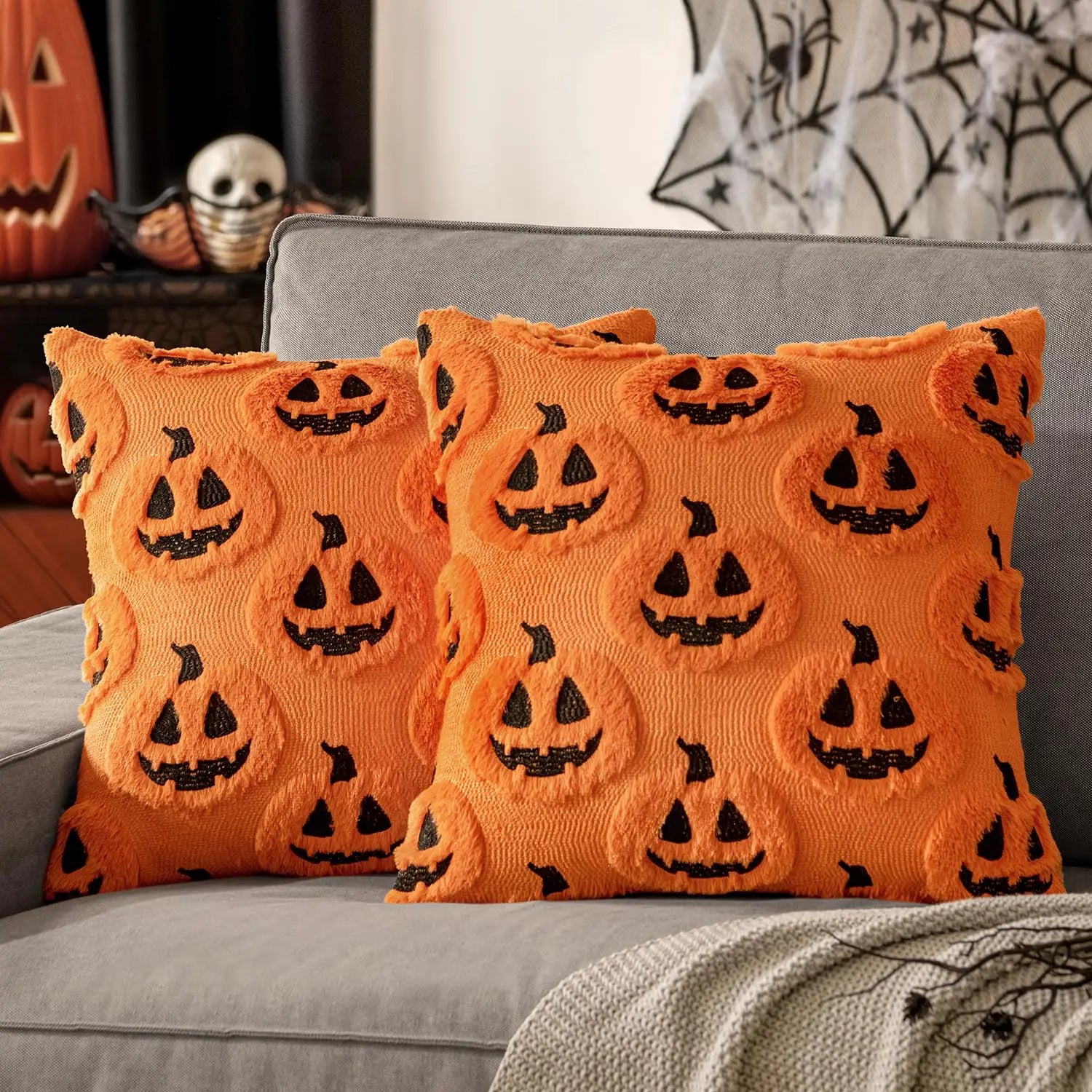 Tufted Ghost & Pumpkin Pillow Cover | Cozy Faux Fur Cute Halloween Decor (Case Only)