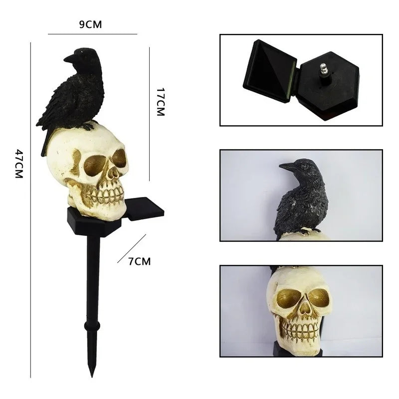 Solar-Powered Skull & Raven Garden Stake | Glowing LED Outdoor Halloween Decor