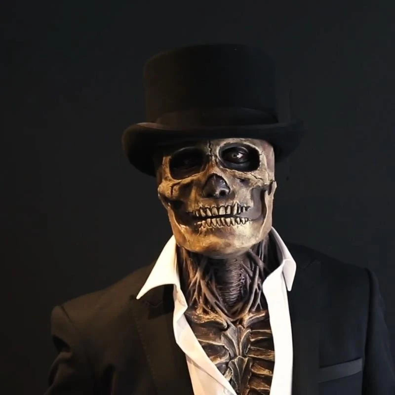 Scary Skeleton Gentleman Mask | Full Head & Chest Latex Horror Mask with Top Hat