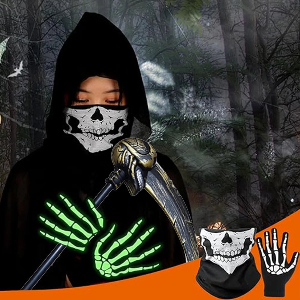Complete Grim Reaper Costume Set | Includes Robe, Mask, Scythe &amp; GLOW-IN-THE-DARK Gloves (Adult & Kids Sizes)